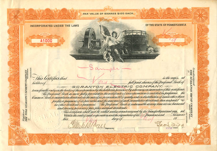 Scranton Electric Co. - Sample Stock Certificate